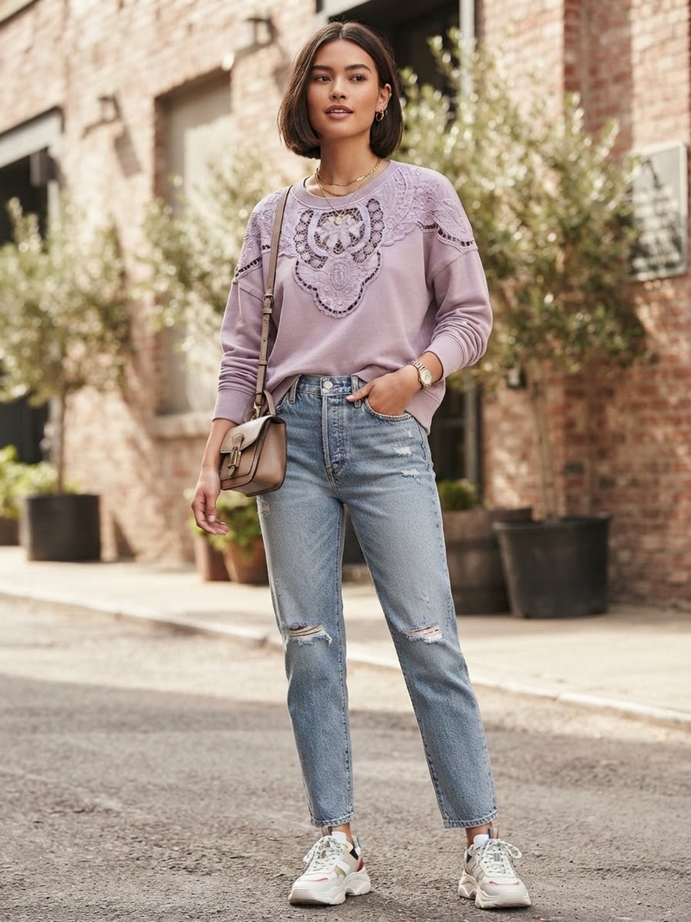 Lucky Brand Lavender Lace-Panel Sweatshirt